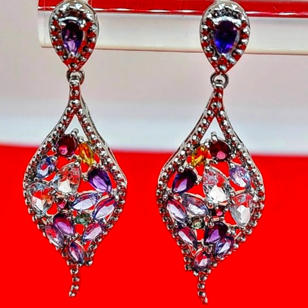 Unheated Natural Blue Aquamarine 6x4mm & Amethyst 925‎ Sterling Silver Earrings